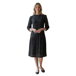 Vintage 1980s Leslie Fay asymmetrical drop-waist black rainbow long sleeve dress